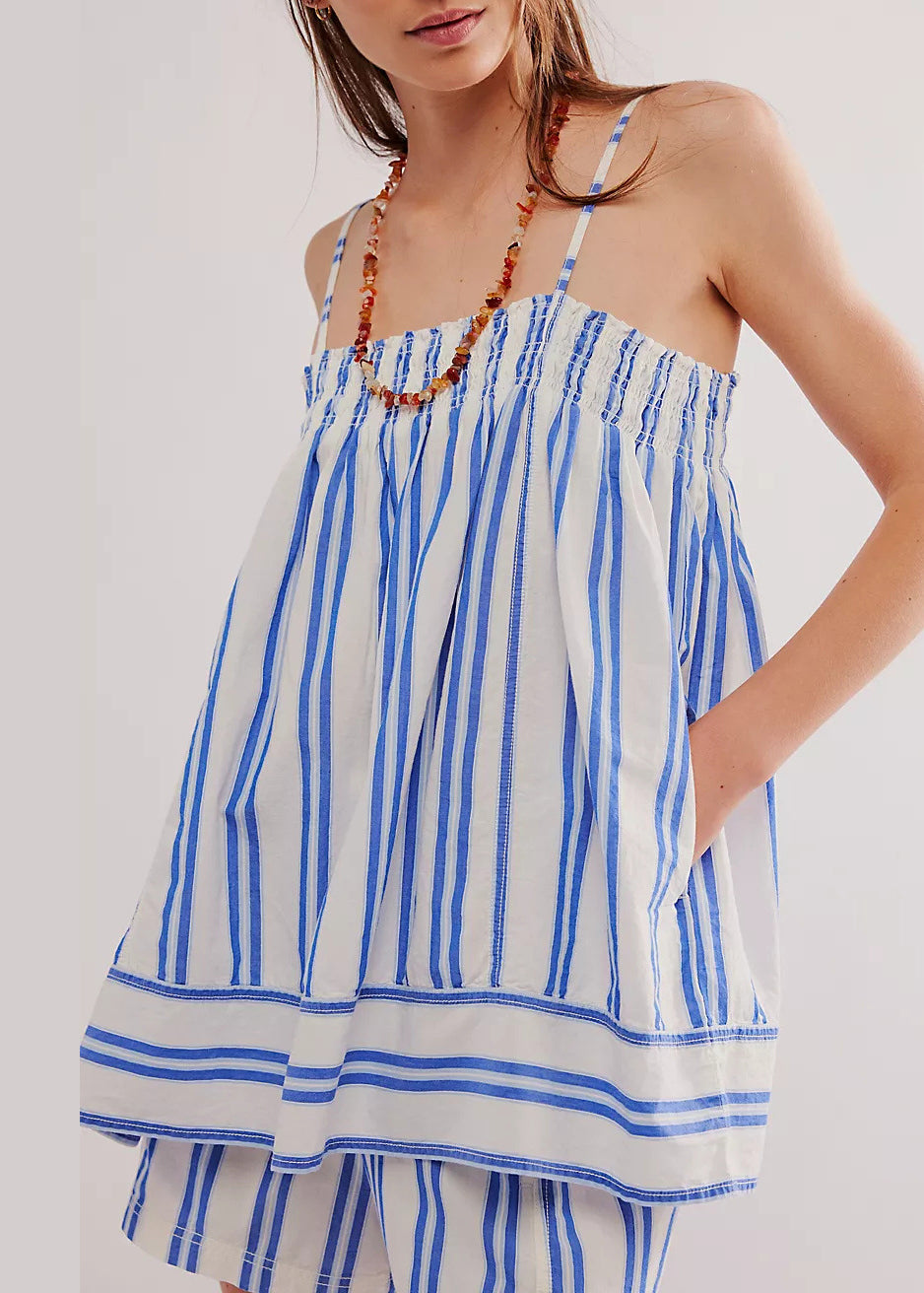Modern Blue Striped Spaghetti Strap and Shorts Cotton Two Pieces Set Summer