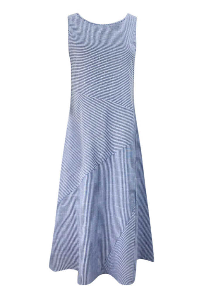 Blue O Neck Striped Pockets Cotton Dress Sleeveless