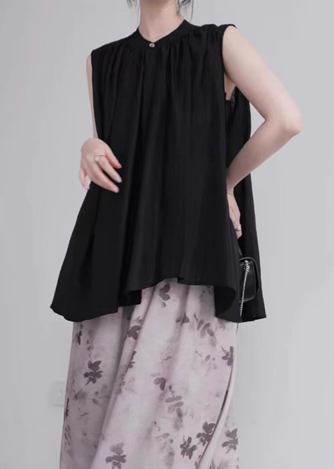 Organic Black Stand Collar Cotton a Line Shirt Sleeveless