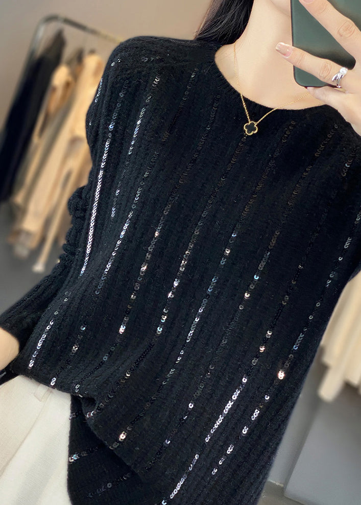 Black Sequins Patchwork Knit Short Sweater
