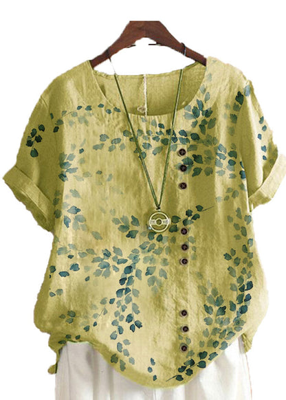 Yellow O-neck Embroidered Linen Tops Short Sleeve