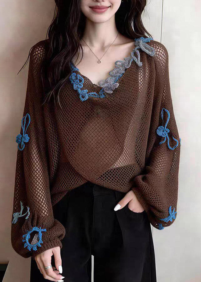 Loose Coffee Embroidered Patchwork Hollow Out Tops Lanter Sleeve