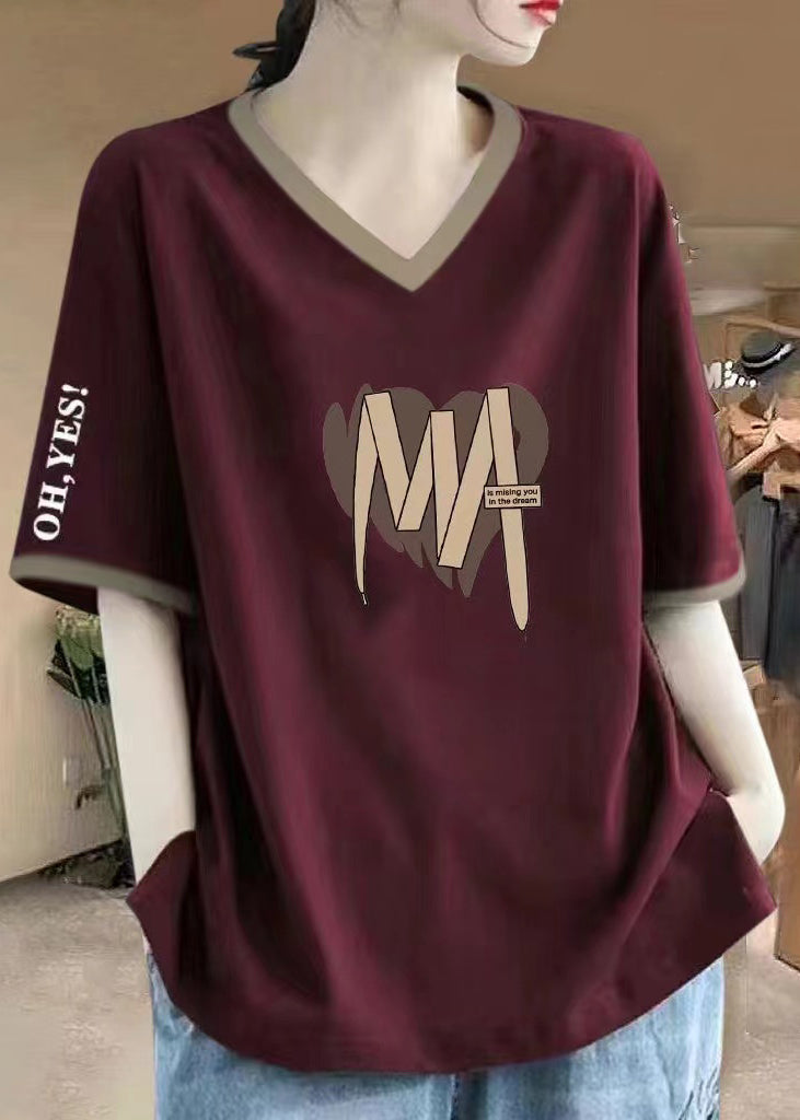 Wine Red V Neck Print Cotton T Shirts Summer