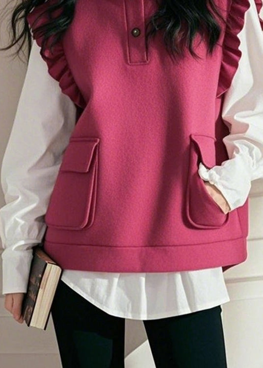 Rose Stand Collar Ruffled Patchwork Cotton Vest Top Sleeveless