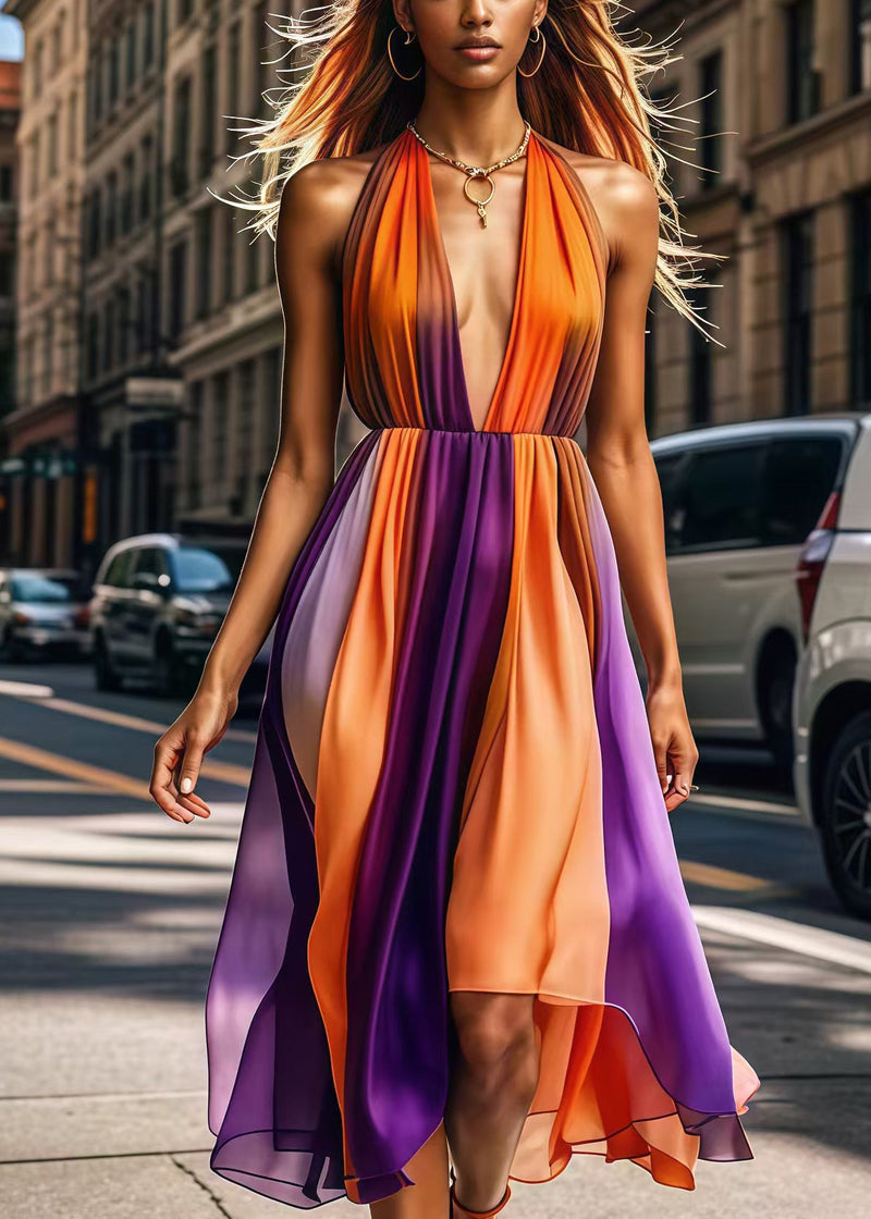 Orange Deep-v Neck Patchwork Silk Halter Dress Summer