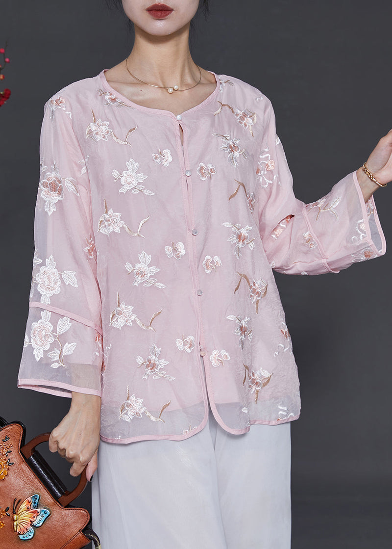 Pink Embroidered Organza Blouses Summer