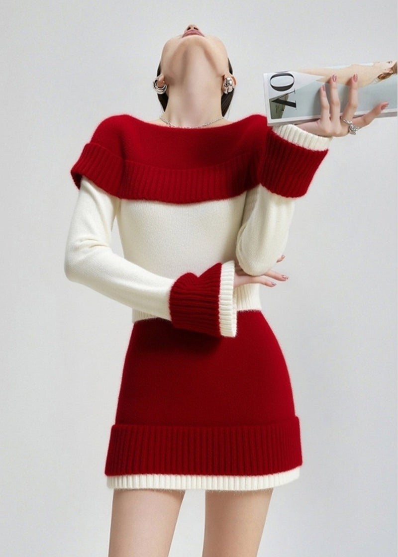 Colorblock Slash Neck Patchwork Knit Sweater and Skirt Two Pieces Set Fall