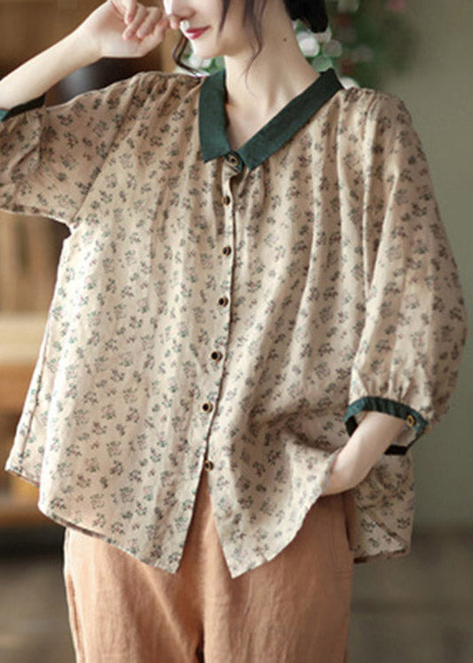 Brown Peter Pan Collar Print Button Linen Shirt Long Sleeve