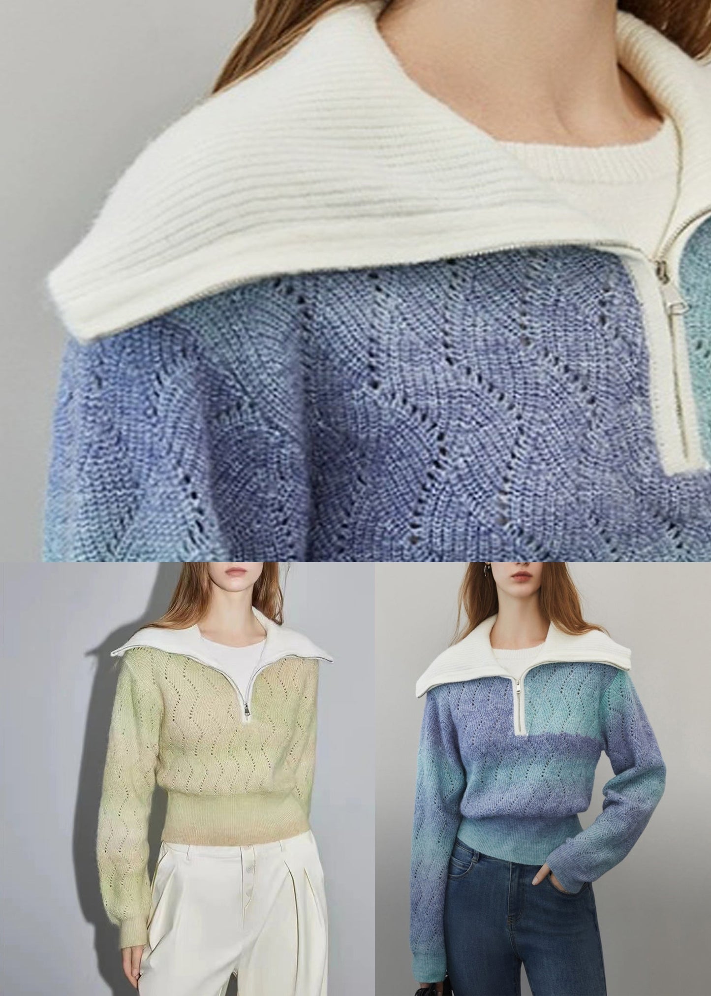 Green Zip Up Hollow Out Wool Knit Sweater Winter
