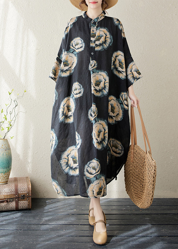 Black Stand Collar Print Long Dress Long Sleeve