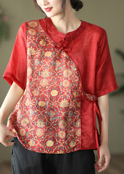 Red Stand Collar Print Tie Waist Linen Shirt Half Sleeve