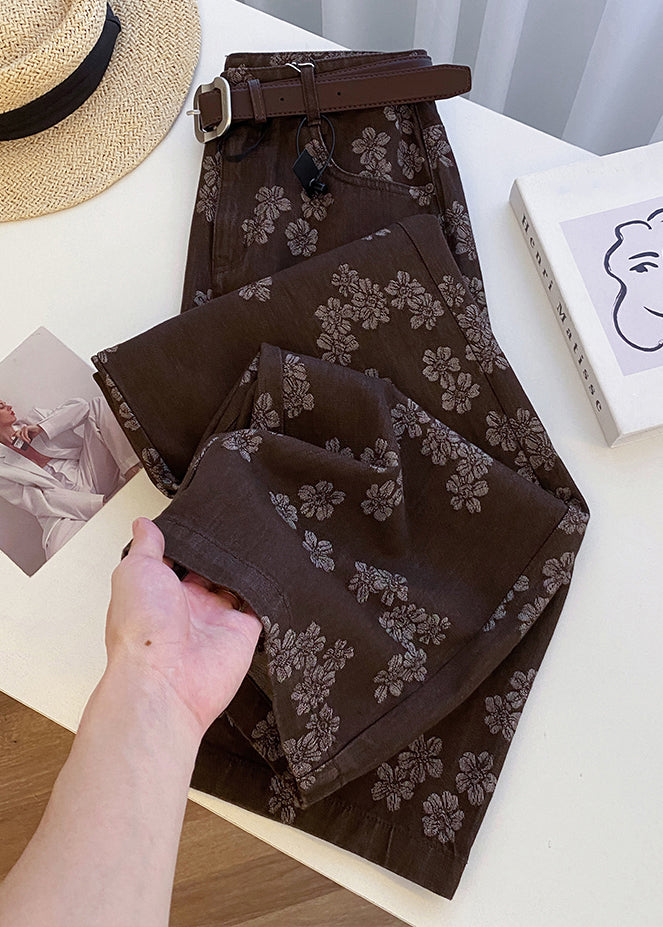 Coffee Print Pockets High Waist Denim Straight Pants Fall