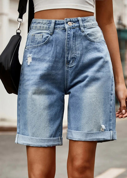 New Light Blue Hole Pockets High Waist Denim Shorts Summer