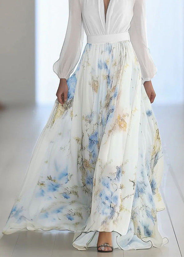 Classy Blue V Neck Print Chiffon Maxi Dresses Long Sleeve