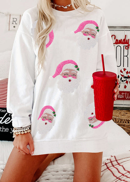 Stylish White O Neck Christmas Print Cotton Sweatshirt Winter