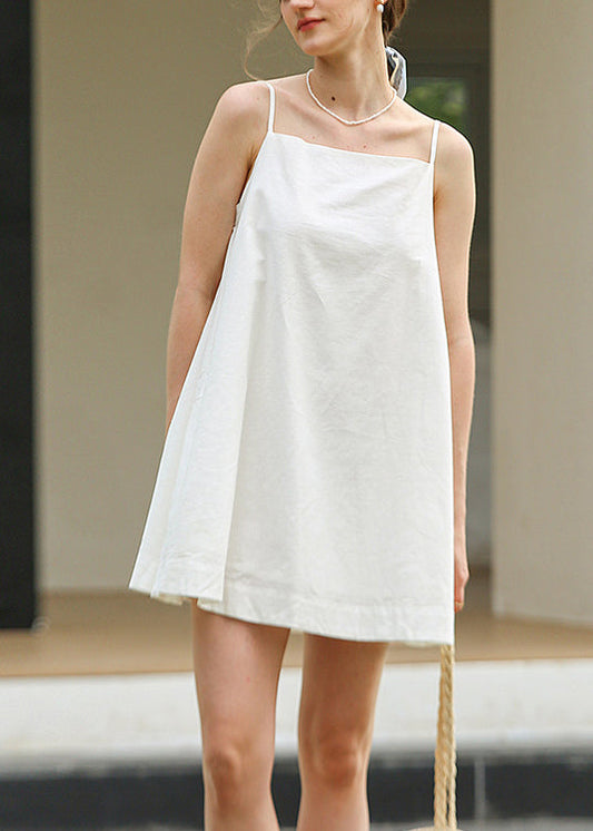 Stylish White Linen Mid Spaghetti Strap Dresssleeveless