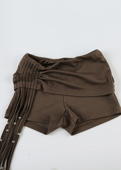 Brown Wrinkled Tassel Hot Pants Summer