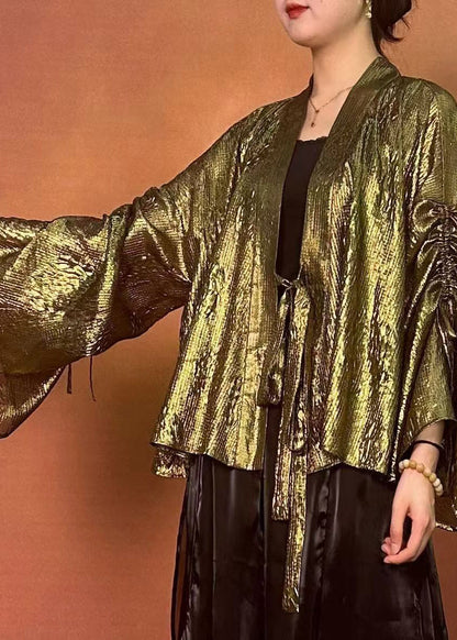 Loose Green U Neck Drawstring Shirts Flare Sleeve