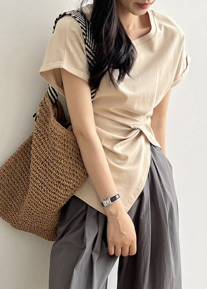 Apricot O Neck Asymmetrical Design Cotton T Shirt Summer