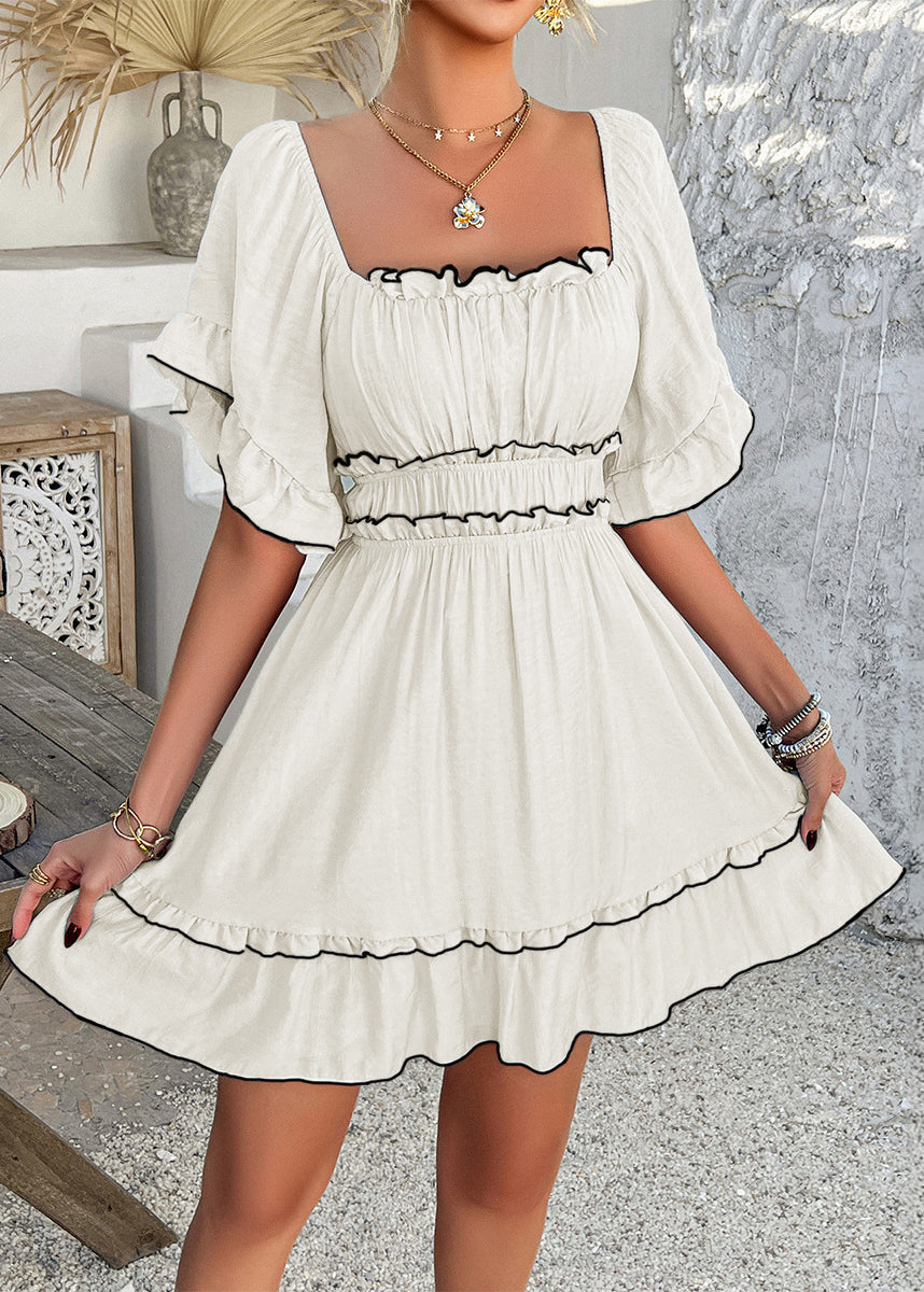 New Apricot Square Collar Ruffled Patchwork Cotton Mid Dresses Summer