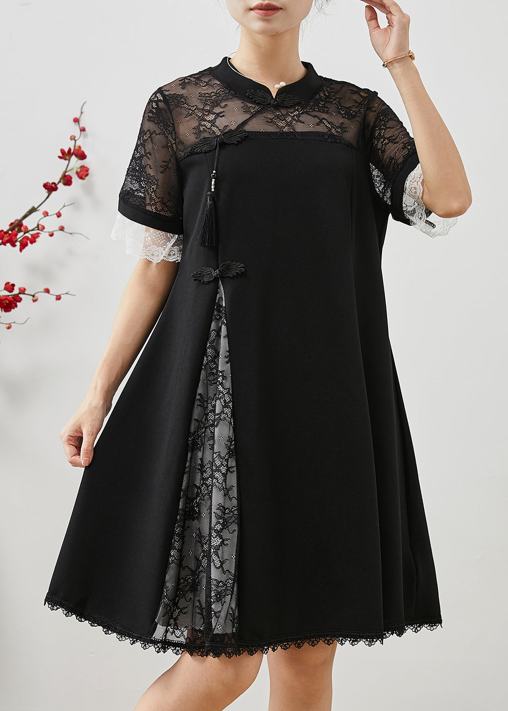 Black Lace Patchwork Side Open Spandex Holiday Dress Summer