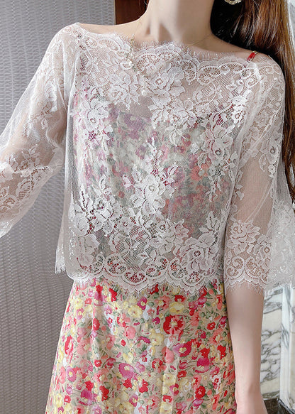 Style Black Slash Neck Hollow Out Lace Top Summer