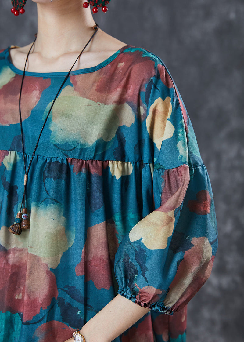 Blue Oversized Print Cotton Shirt Top Summer