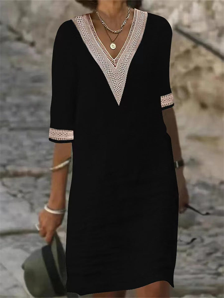 Colour V-neck Lace Trimmed Mid-sleeved Cotton and Linen Dress