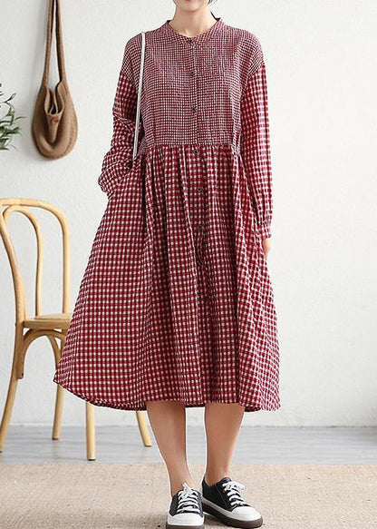 Red Plaid Cotton Linen Clothes O Neck Patchwork Cotton Dresses