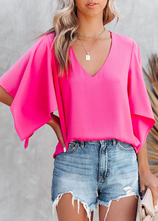 Simple Rose V Neck Cotton T Shirt Summer