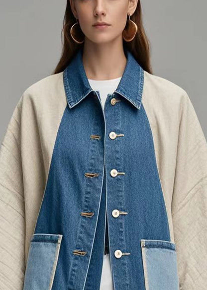 Colorblock Oversized Patchwork Denim Coat Outwear Batwing Sleeve