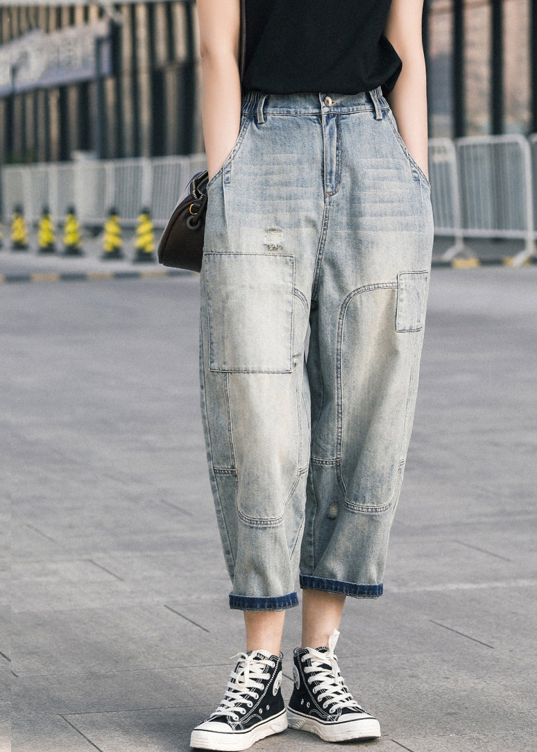Blue Oversized Patchwork Applique Denim Ripped Pants Summer
