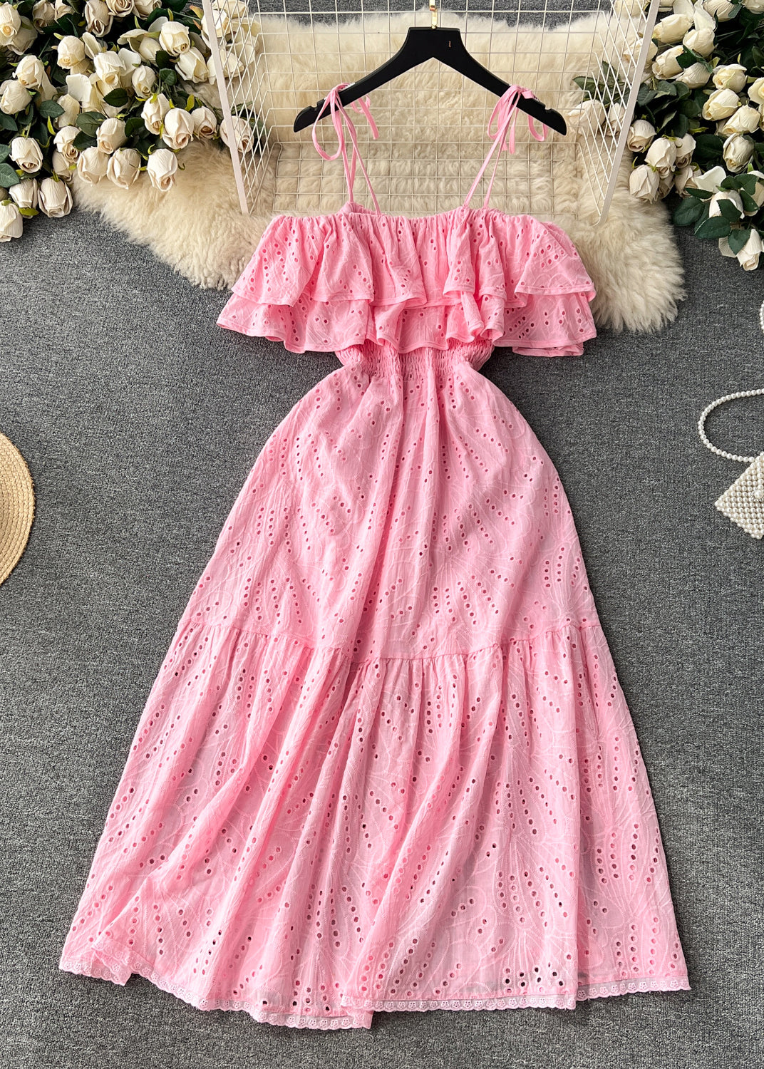 Yellow Slash Neck Hollow Out Cotton Spaghetti Strap Dress Sleeveless