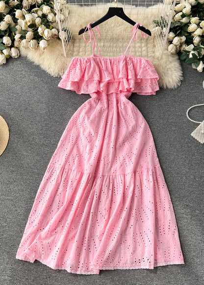 Yellow Slash Neck Hollow Out Cotton Spaghetti Strap Dress Sleeveless