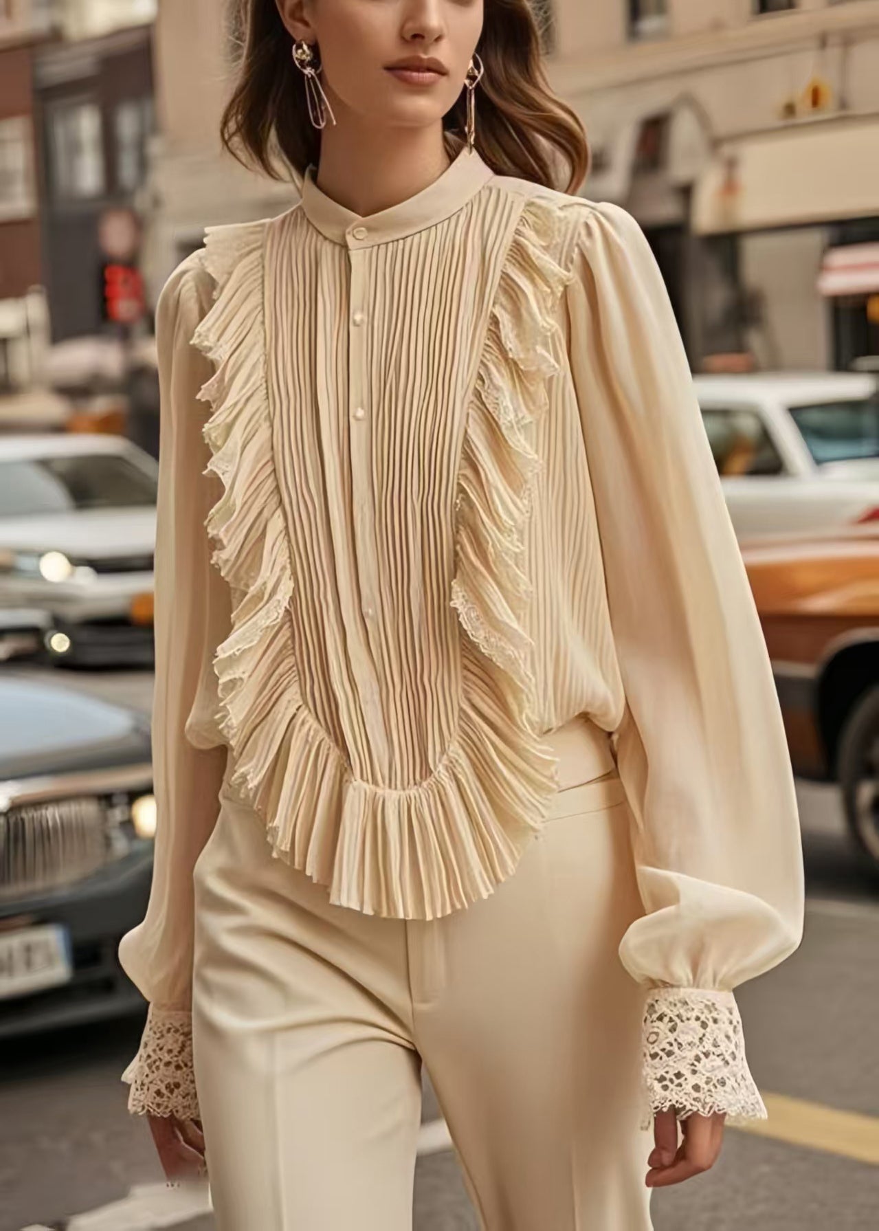 Apricot Patchwork Wrinkled Chiffon Formal Shirt Spring