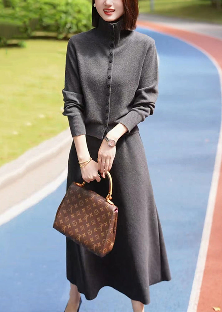 Dark Grey Stand Collar Cotton Knit Cardigans and Maxi Skirts Two Piece Set Winter