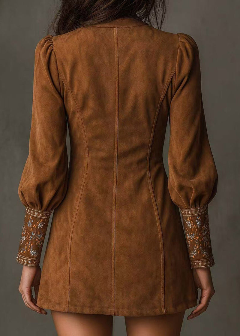 Brown Embroidered Faux Suede Mid Dress Spring