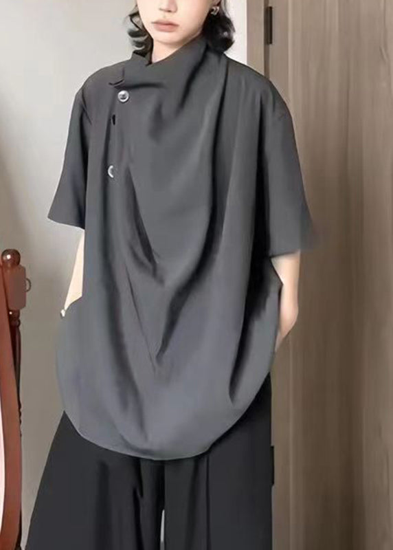 Unique Grey Stand Collar Asymmetrical Ice Silk Tops Short Sleeve