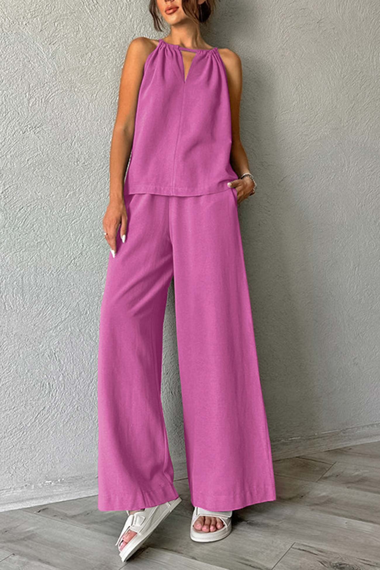 Tie-up Cutout Cotton Tank Top Long Pants Suits