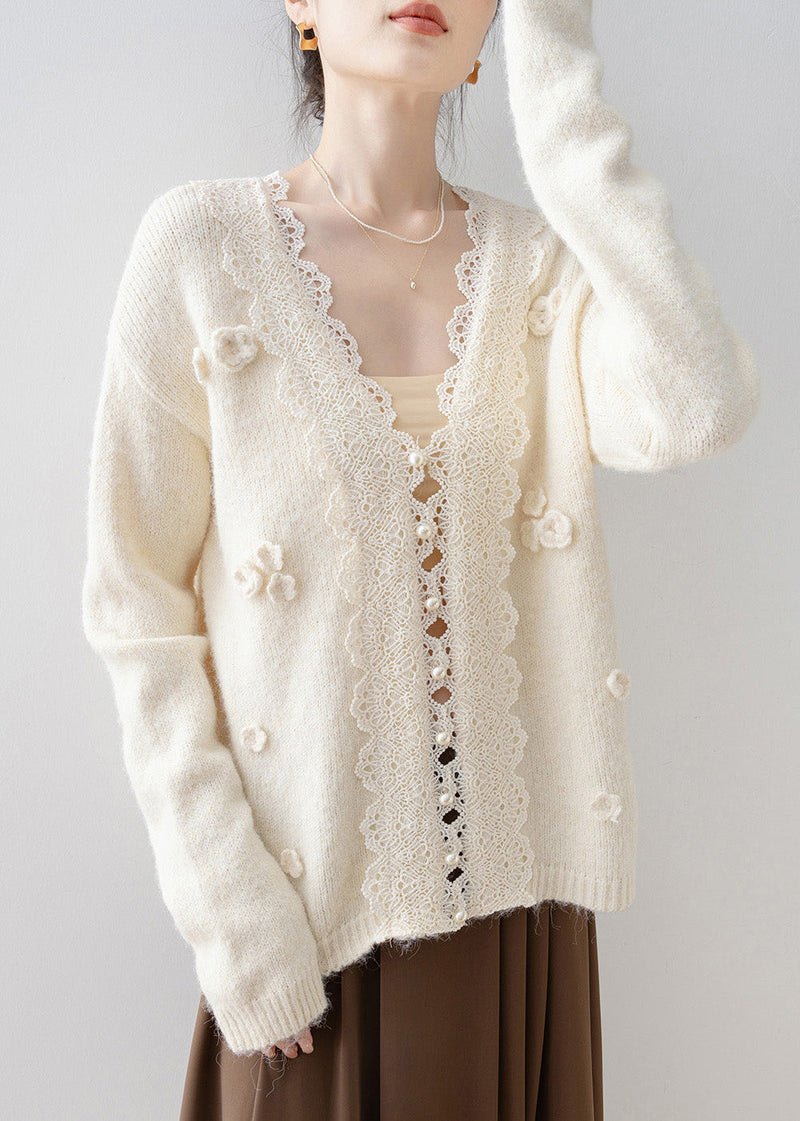 Beige V Neck Lace Button Knit Cardigan Spring
