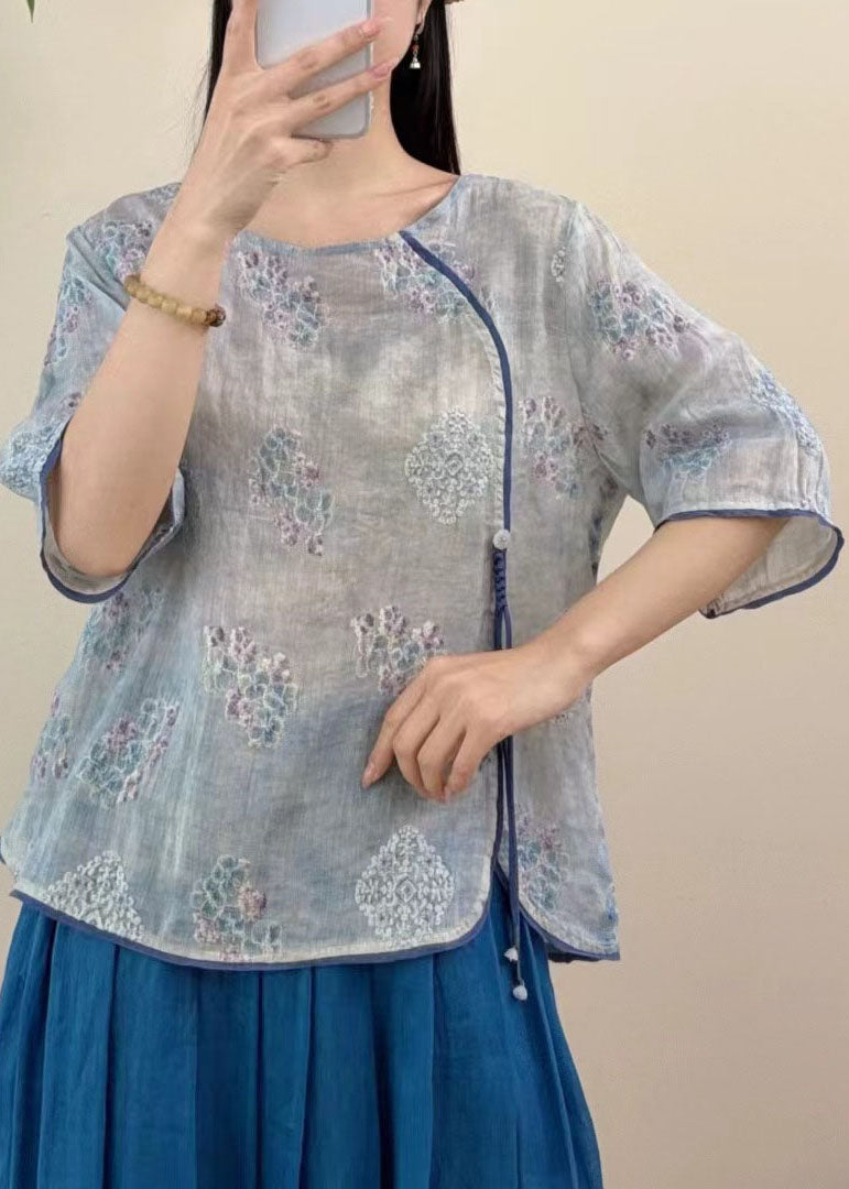 Red O Neck Embroidered Linen Blouse Tops Summer
