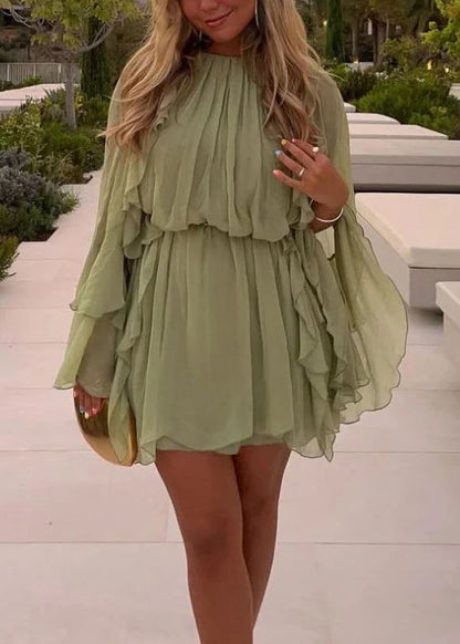 Art Green Ruffled Chiffon Mini Dress Fall