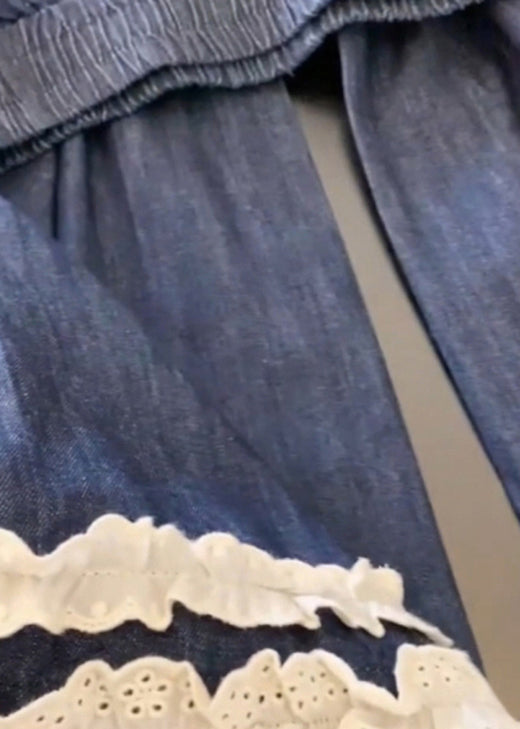 Navy Pockets Lace Patchwork Denim Wide Leg Pants Fall