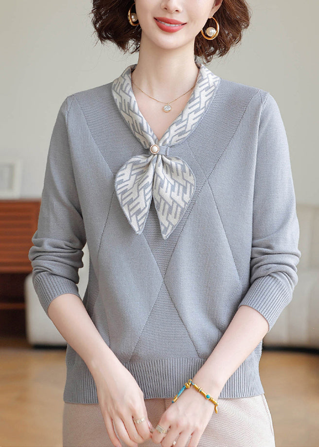 Grey V Neck Striped Knitted Tops Winter