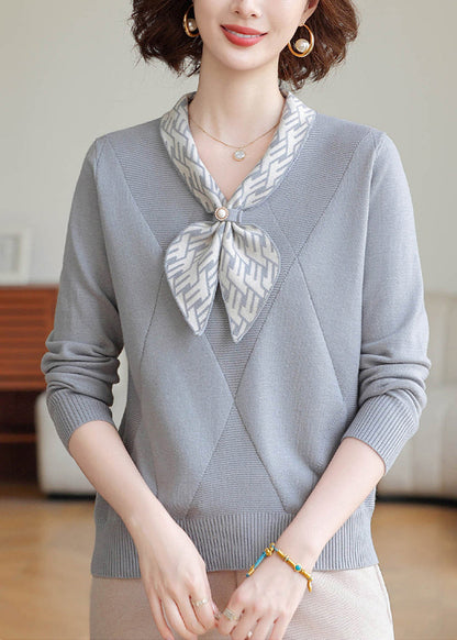 Grey V Neck Striped Knitted Tops Winter