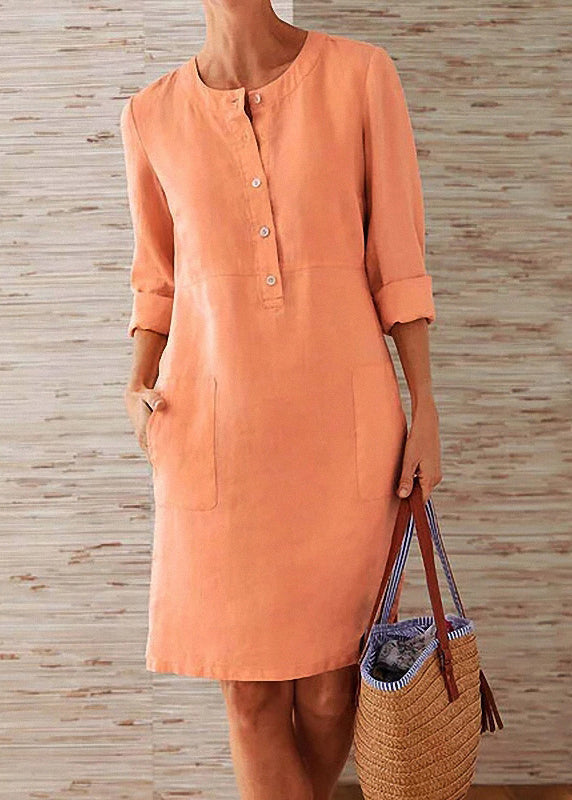 Orange O Neck Pockets Cotton Dress Fall