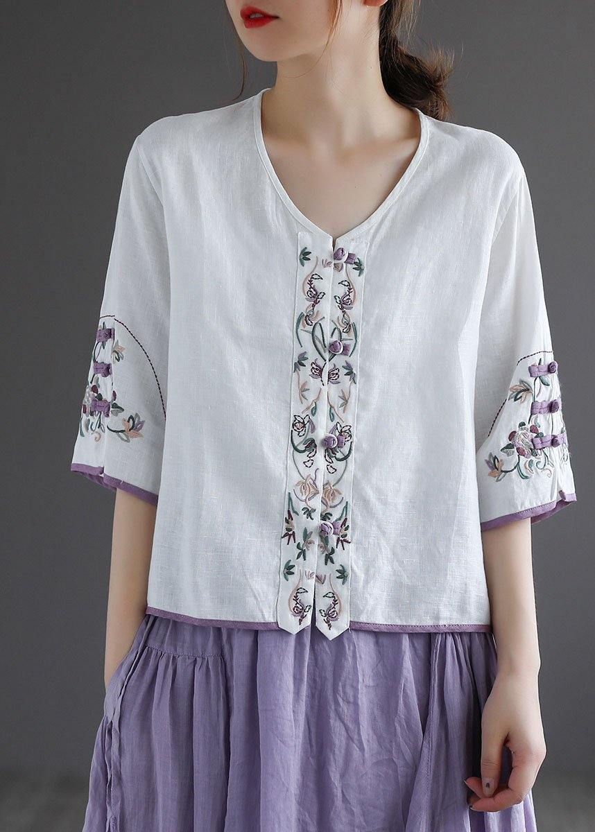 Diy White Button Embroidered Summer Linen Half Sleeve Shirt Top