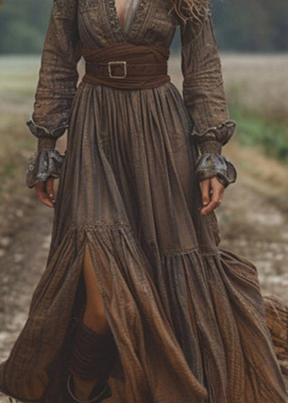 Dark Coffee Wrinkled Patchwork Cotton Long Dress Fall