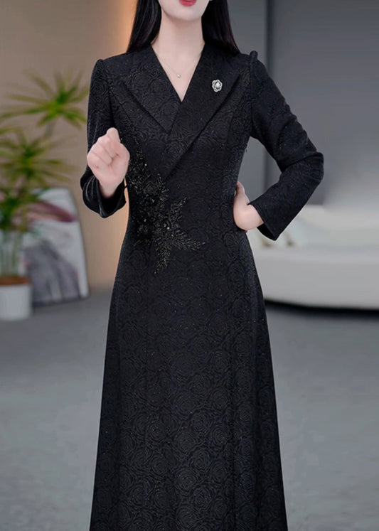 Classy Black Peter Pan Collar Jacquard Cotton Long Dress Fall