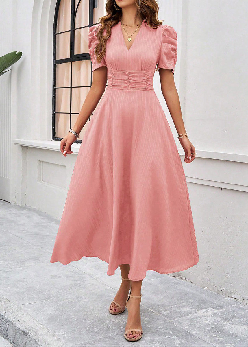 Red V Neck Wrinkled Cotton Long Dress Summer